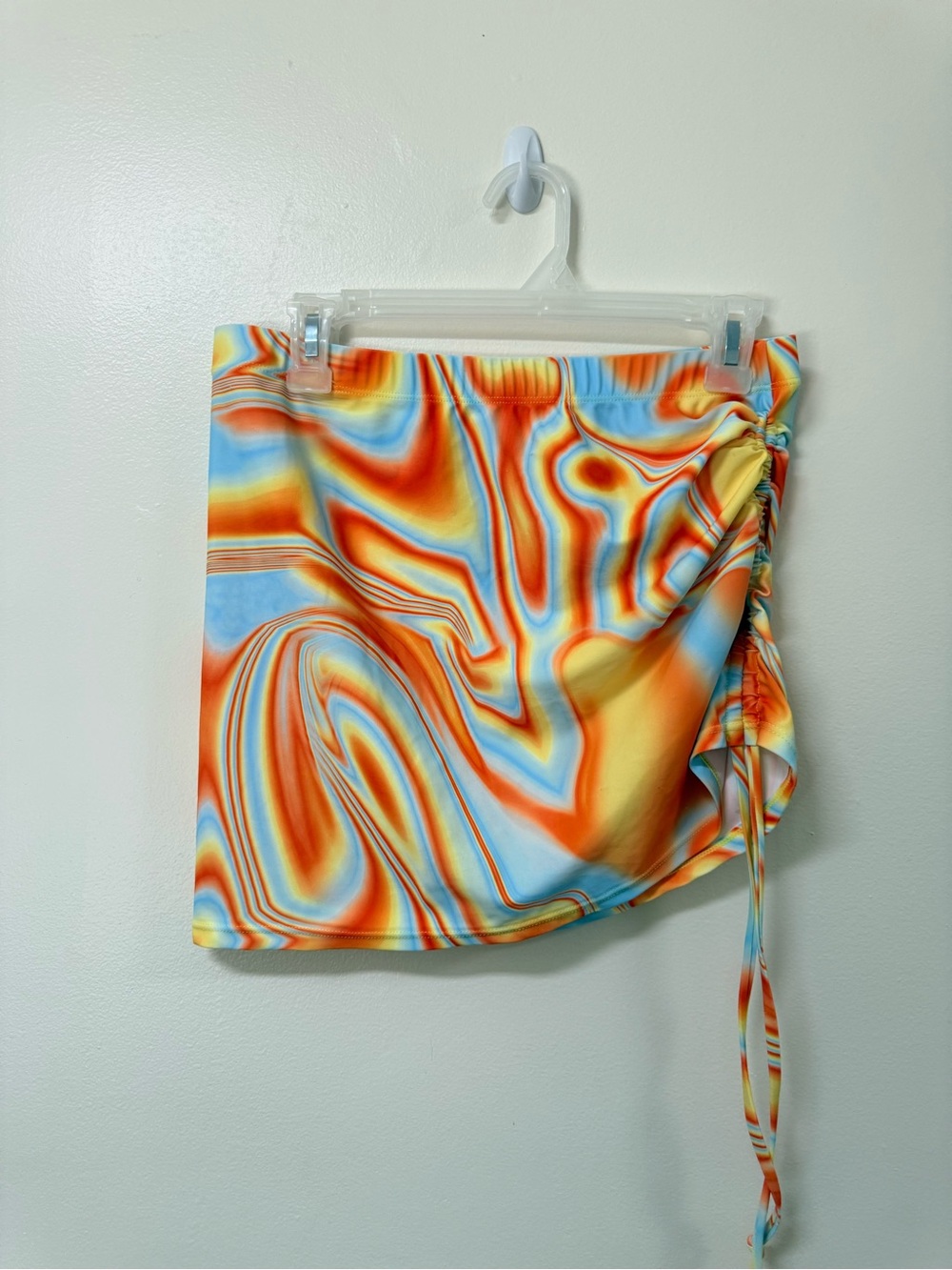 Colorful Swirl Side-Tie Mini Swim Skirt in Orange & Sky Blue